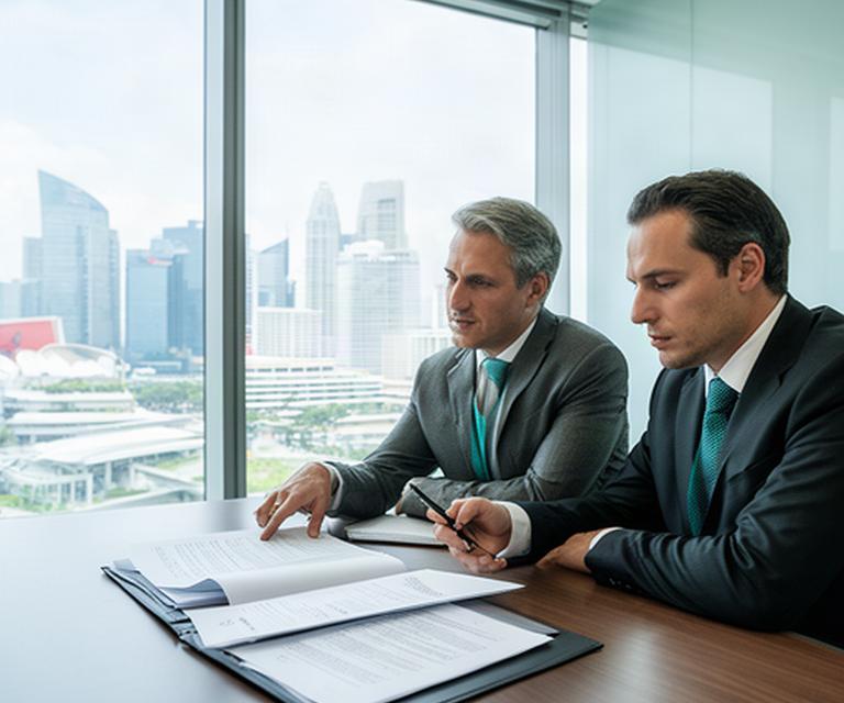 International business lawyers reviewing a Singapore law governed agreement beside a window overlooking Singapore's financial district
